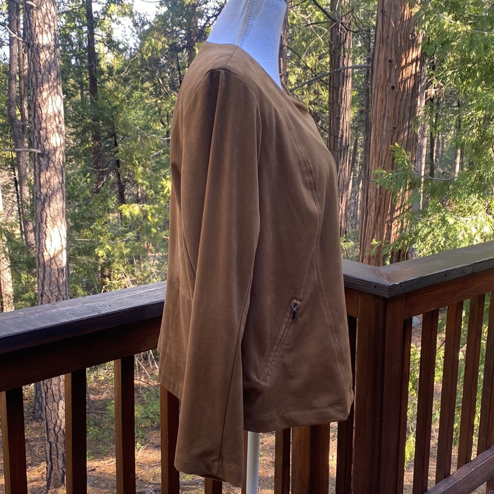 J Jill  Acorn Brown Ultra Soft Faux Suede Moto Zip Jacket Petite L - Picture 11 of 15